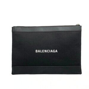 Auth BALENCIAGA Navy Clip M 373834 Black Canvas Leather Clutch Bag